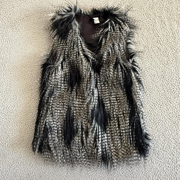 H&M Faux Fur Vest Black Gray Shaggy Lined Boho Festival - Picture 1 of 9